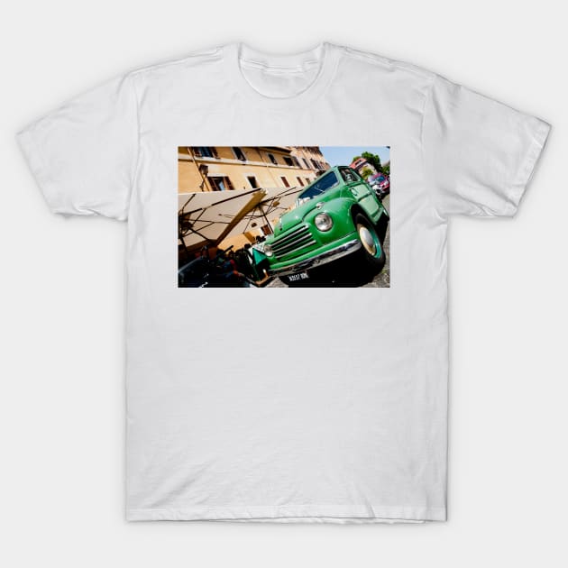 Green classic Fiat truck parked in Italian Street. T-Shirt by brians101